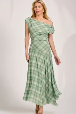 Asymmetric Draped Mesh Maxi Dress, Green Check