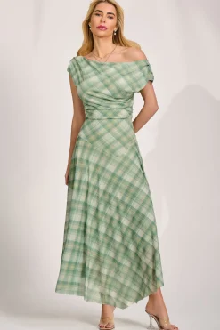 Asymmetric Draped Mesh Maxi Dress, Green Check