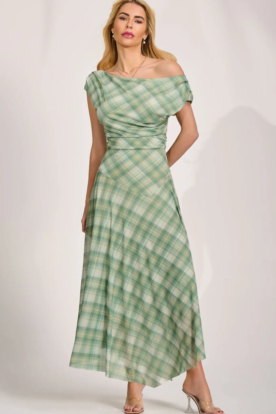 Asymmetric Draped Mesh Maxi Dress, Green Check
