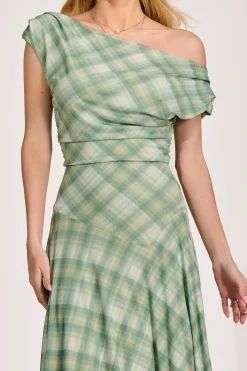 Asymmetric Draped Mesh Maxi Dress, Green Check