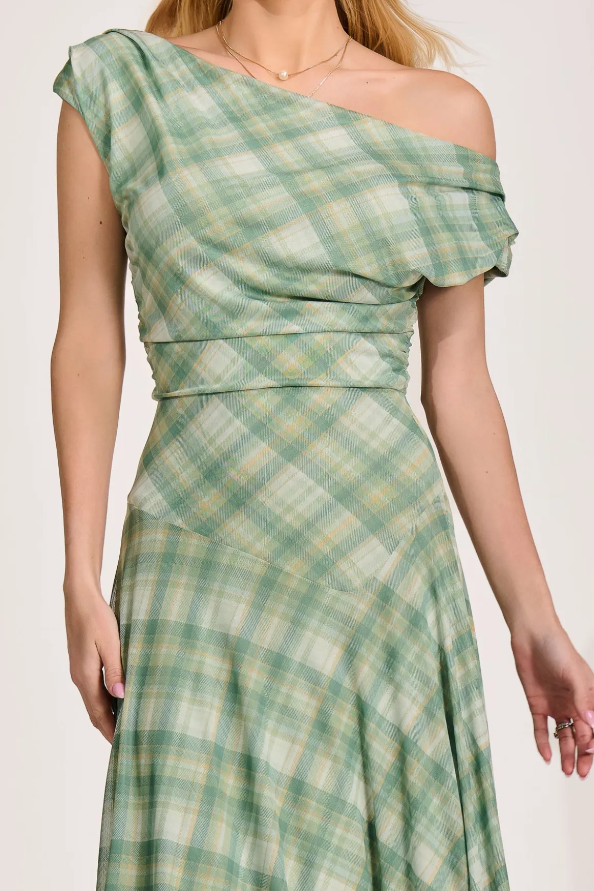 Asymmetric Draped Mesh Maxi Dress, Green Check