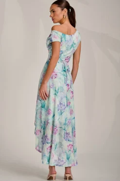 Asymmetric Draped Mesh Maxi Dress, Green Floral