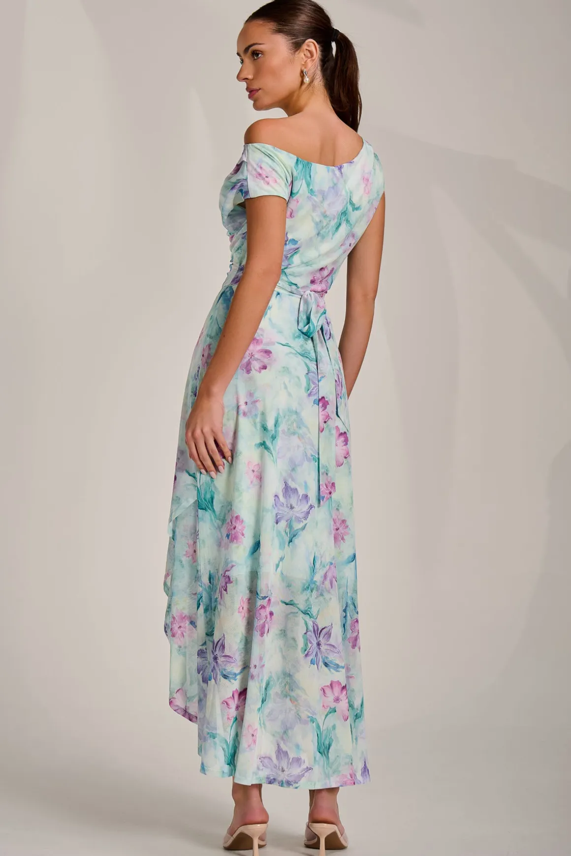 Asymmetric Draped Mesh Maxi Dress, Green Floral