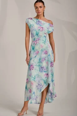 Asymmetric Draped Mesh Maxi Dress, Green Floral