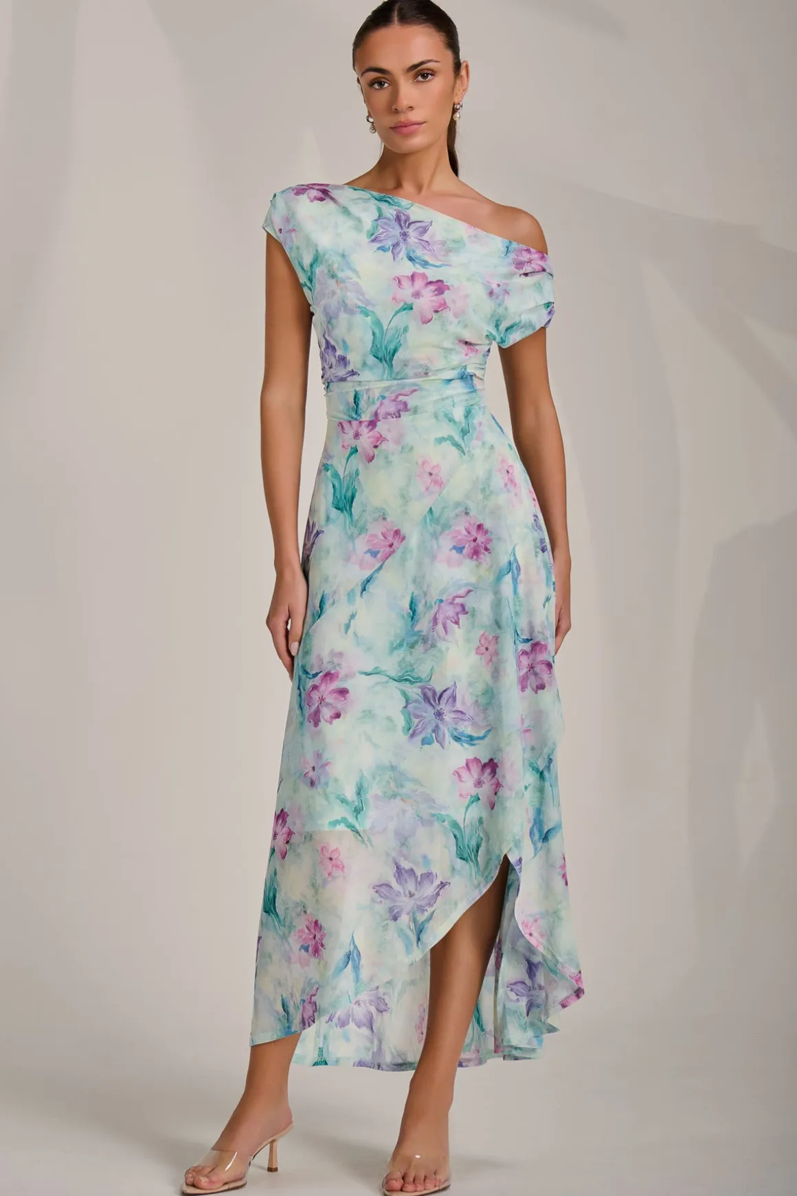 Asymmetric Draped Mesh Maxi Dress, Green Floral