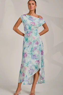 Asymmetric Draped Mesh Maxi Dress, Green Floral