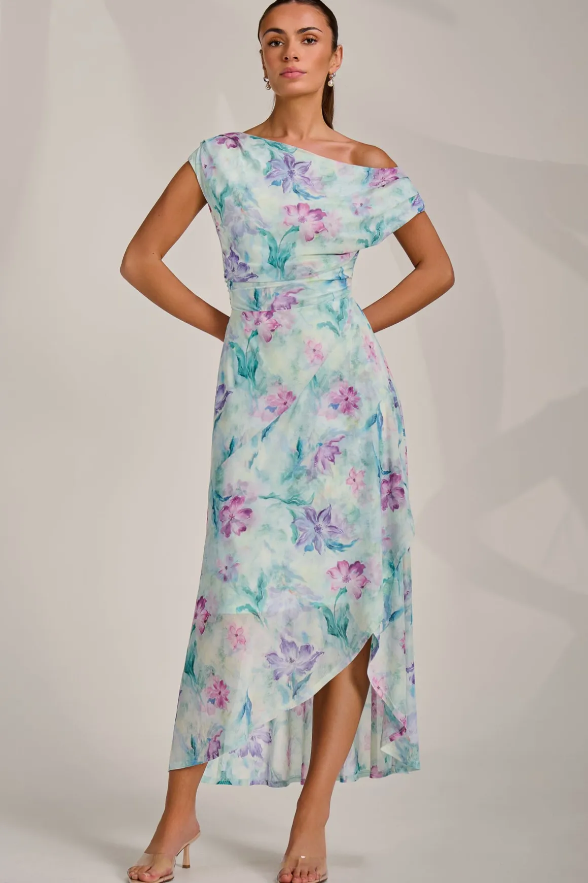 Asymmetric Draped Mesh Maxi Dress, Green Floral