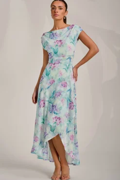 Asymmetric Draped Mesh Maxi Dress, Green Floral