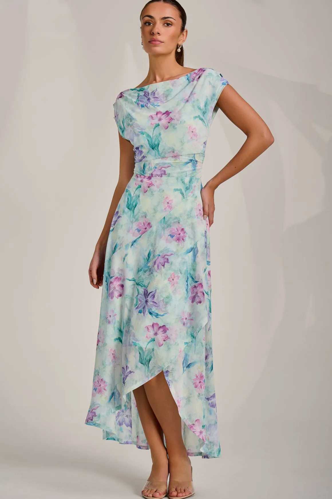 Asymmetric Draped Mesh Maxi Dress, Green Floral