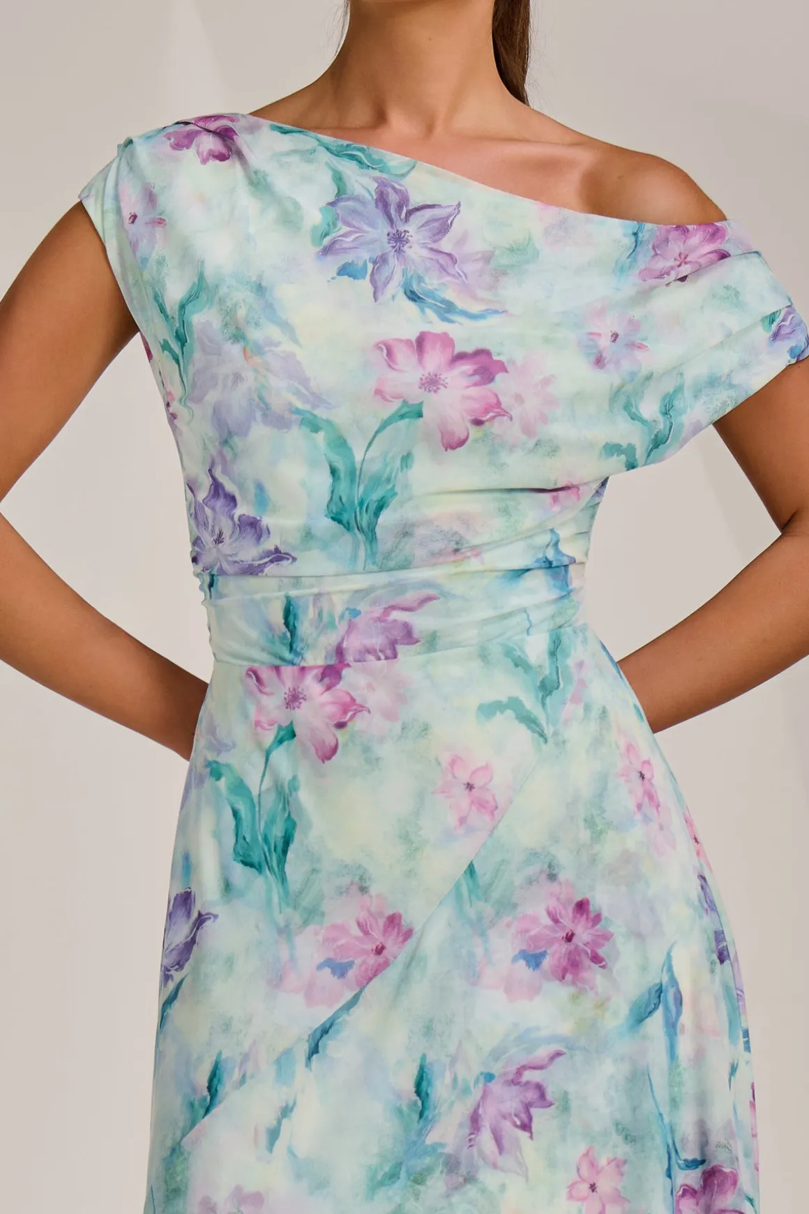 Asymmetric Draped Mesh Maxi Dress, Green Floral