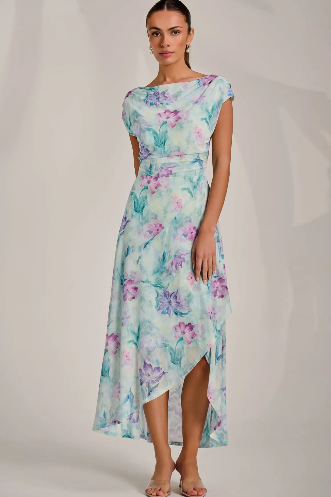 Asymmetric Draped Mesh Maxi Dress, Green Floral