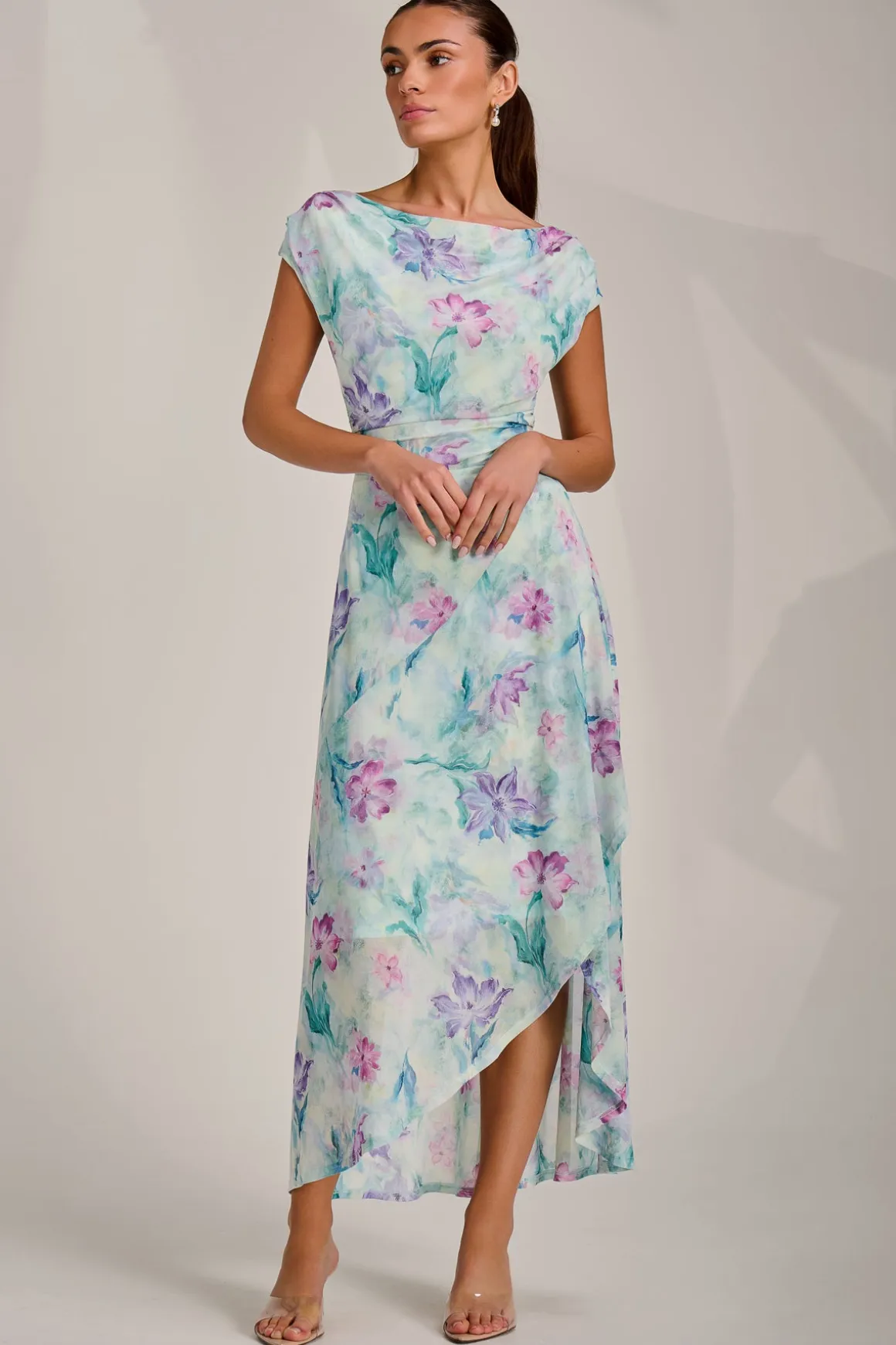 Asymmetric Draped Mesh Maxi Dress, Green Floral