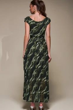 Asymmetric Draped Mesh Maxi Dress, Khaki Abstract