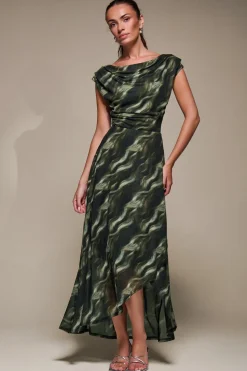 Asymmetric Draped Mesh Maxi Dress, Khaki Abstract