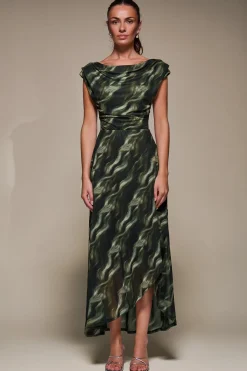 Asymmetric Draped Mesh Maxi Dress, Khaki Abstract