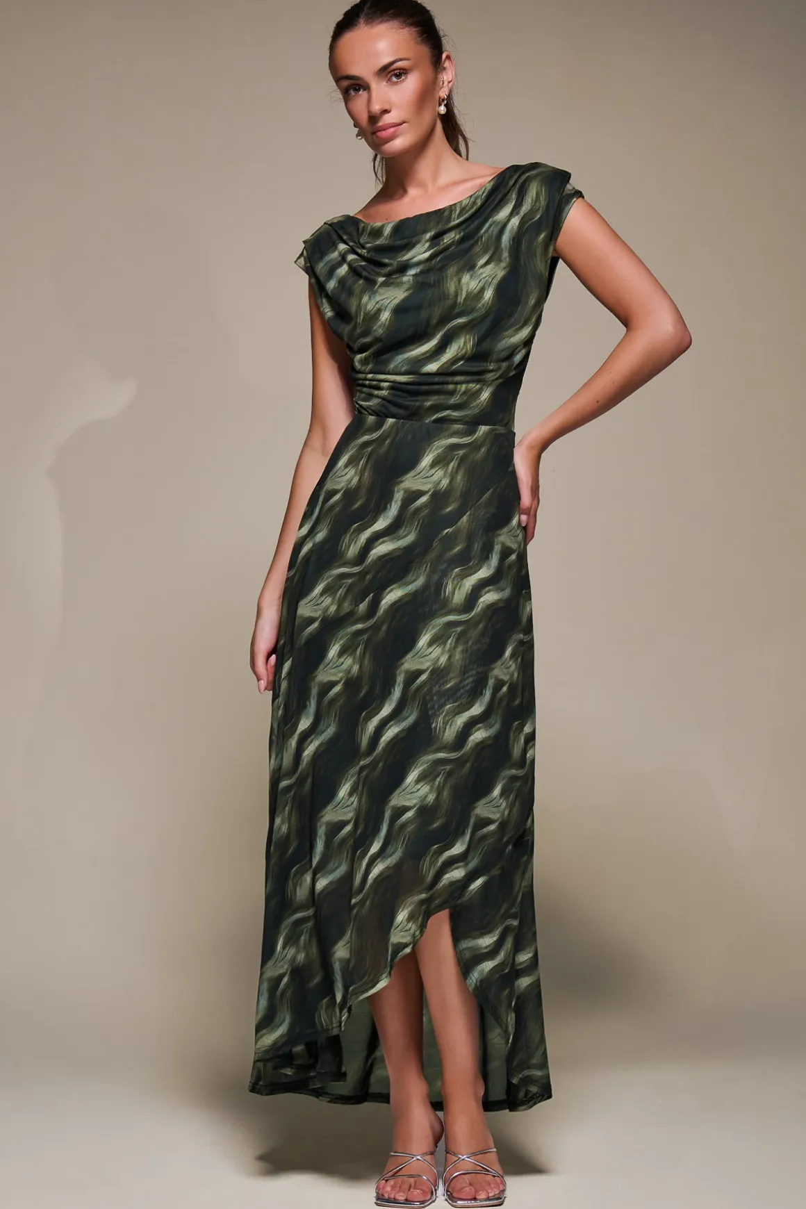 Asymmetric Draped Mesh Maxi Dress, Khaki Abstract