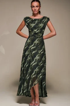 Asymmetric Draped Mesh Maxi Dress, Khaki Abstract