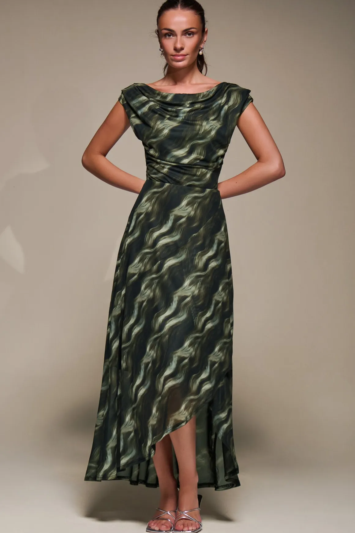 Asymmetric Draped Mesh Maxi Dress, Khaki Abstract