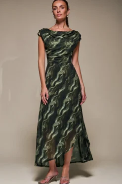 Asymmetric Draped Mesh Maxi Dress, Khaki Abstract