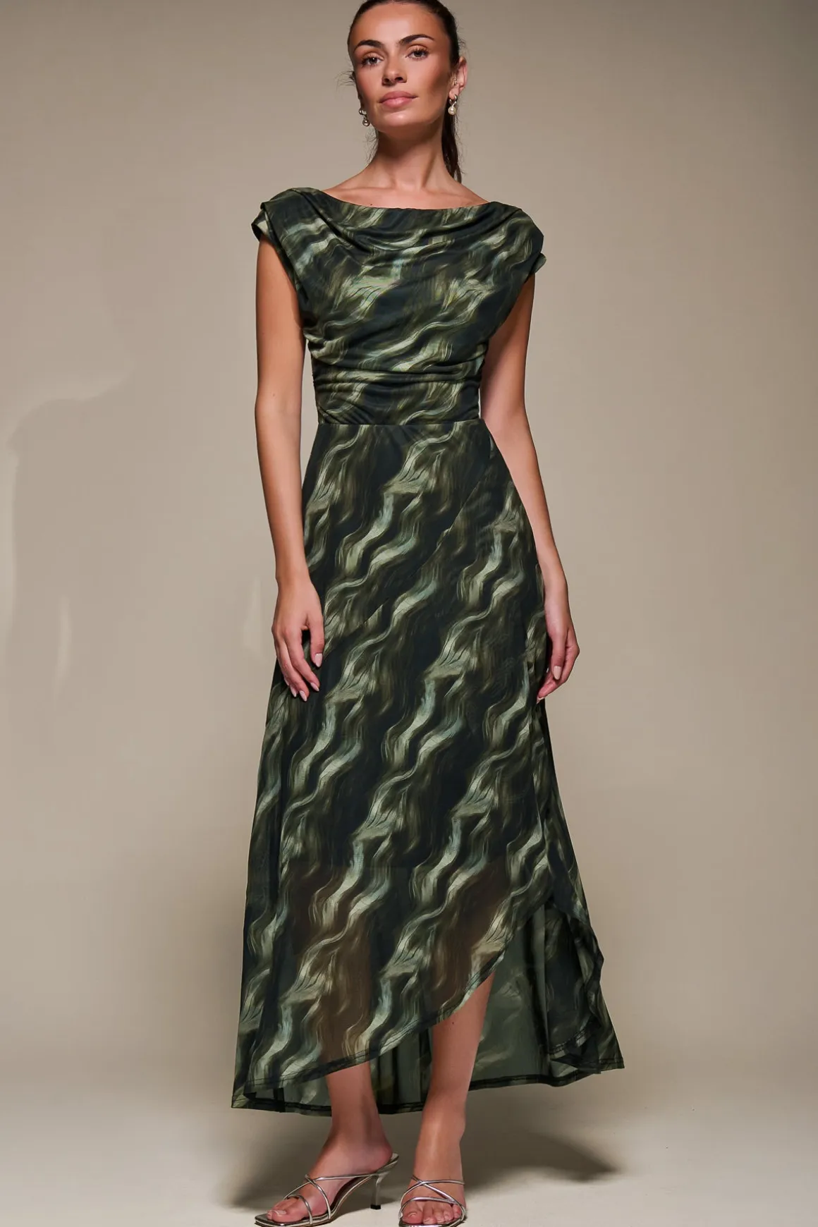 Asymmetric Draped Mesh Maxi Dress, Khaki Abstract