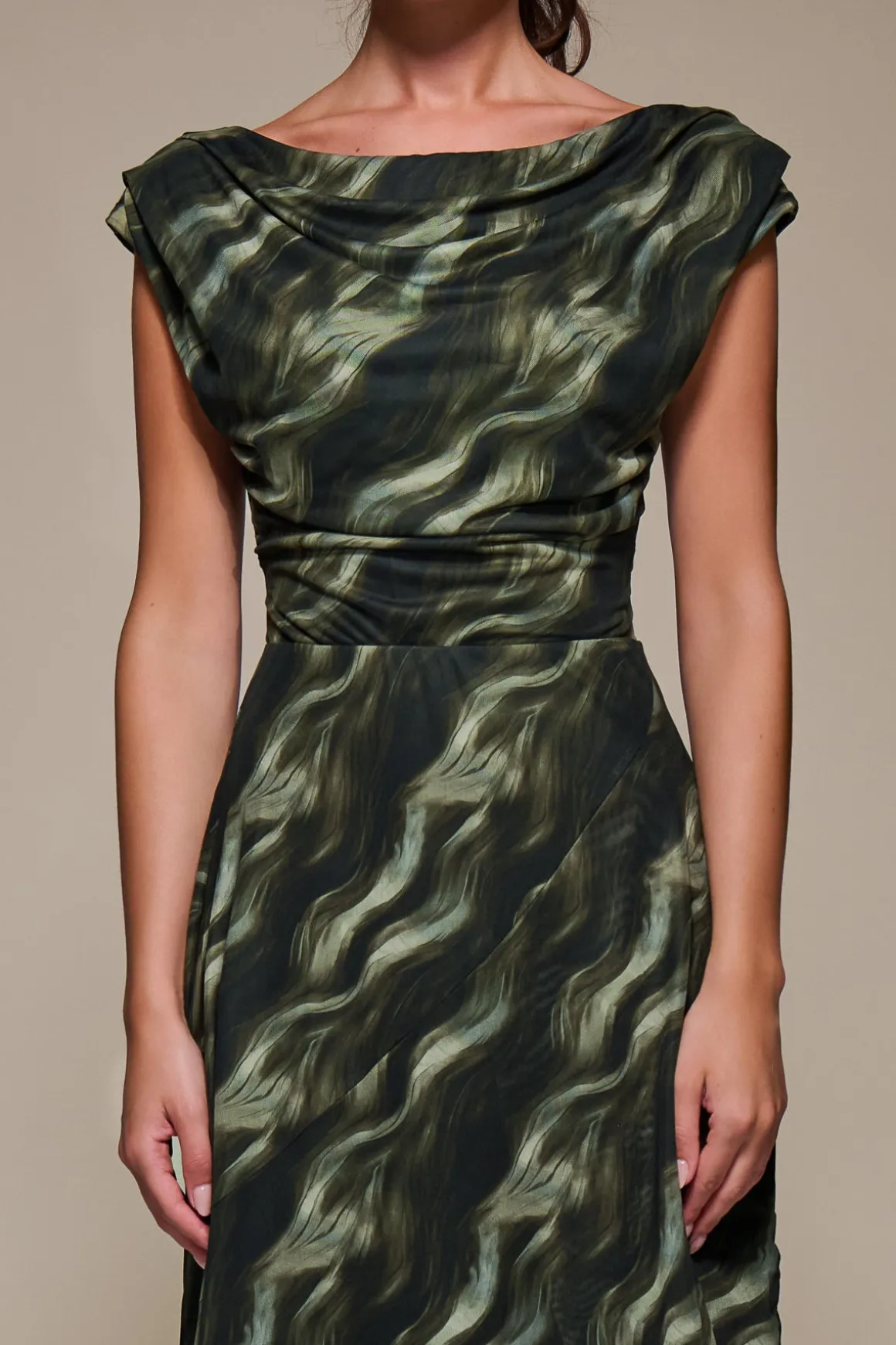 Asymmetric Draped Mesh Maxi Dress, Khaki Abstract