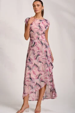 Asymmetric Draped Mesh Maxi Dress, Pink Abstract