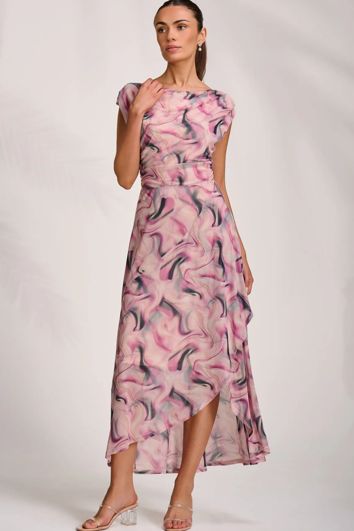 Asymmetric Draped Mesh Maxi Dress, Pink Abstract