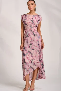 Asymmetric Draped Mesh Maxi Dress, Pink Abstract