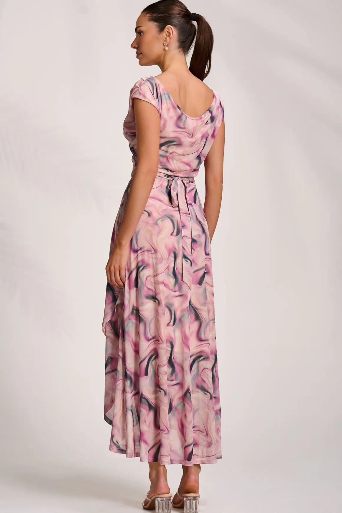 Asymmetric Draped Mesh Maxi Dress, Pink Abstract