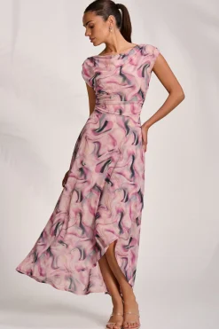 Asymmetric Draped Mesh Maxi Dress, Pink Abstract