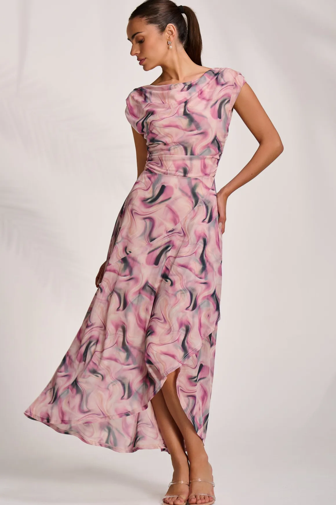 Asymmetric Draped Mesh Maxi Dress, Pink Abstract