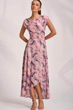 Asymmetric Draped Mesh Maxi Dress, Pink Abstract