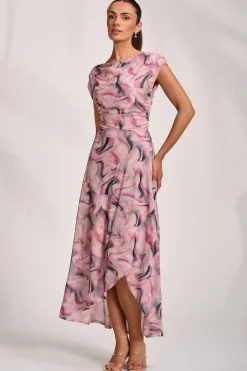 Asymmetric Draped Mesh Maxi Dress, Pink Abstract