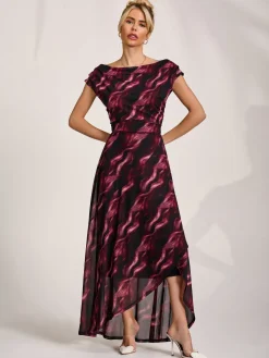Asymmetric Draped Mesh Maxi Dress, Pink Abstract