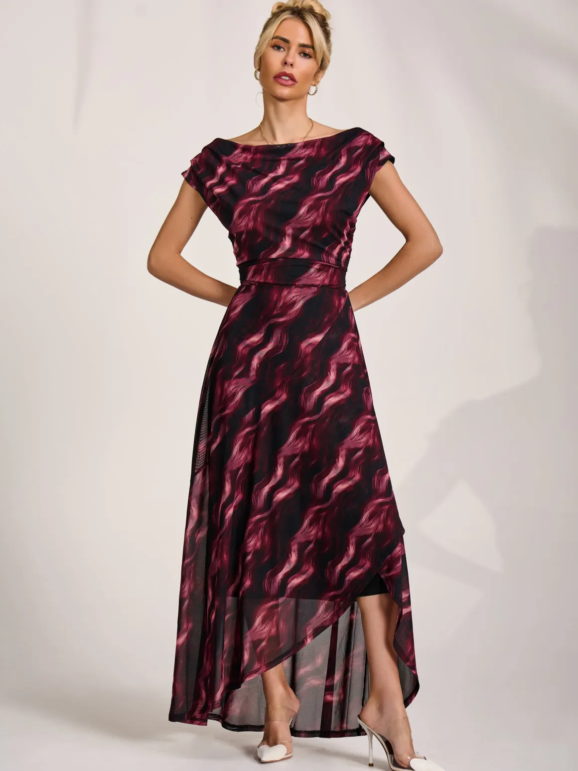 Asymmetric Draped Mesh Maxi Dress, Pink Abstract