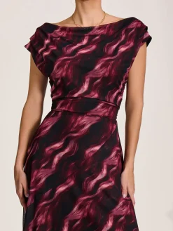 Asymmetric Draped Mesh Maxi Dress, Pink Abstract