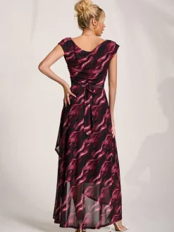 Asymmetric Draped Mesh Maxi Dress, Pink Abstract