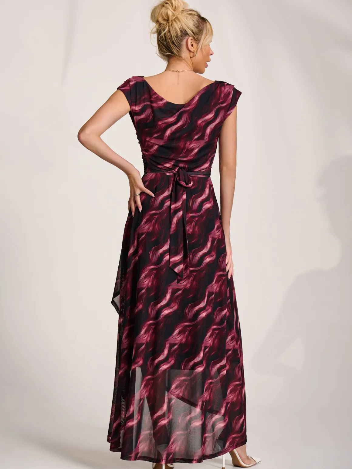 Asymmetric Draped Mesh Maxi Dress, Pink Abstract