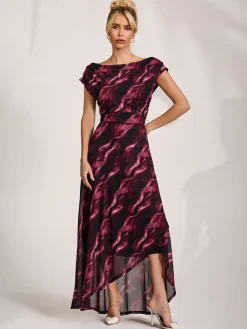 Asymmetric Draped Mesh Maxi Dress, Pink Abstract
