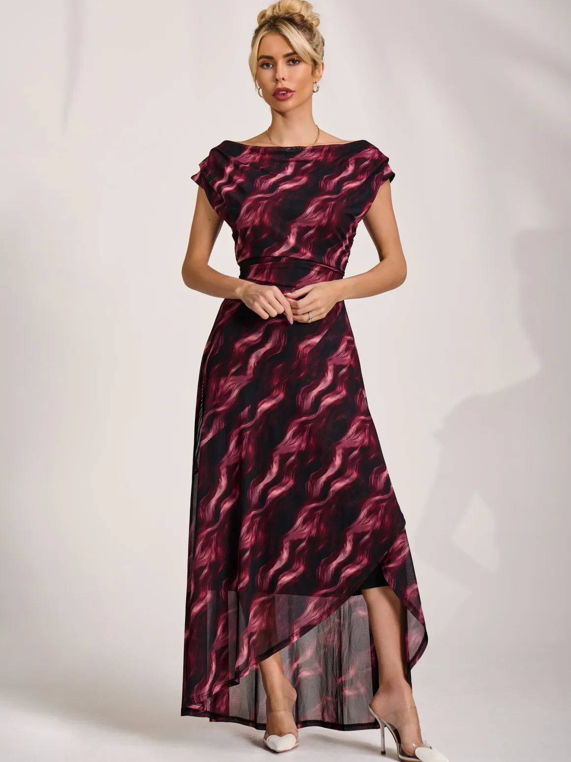 Asymmetric Draped Mesh Maxi Dress, Pink Abstract