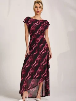 Asymmetric Draped Mesh Maxi Dress, Pink Abstract