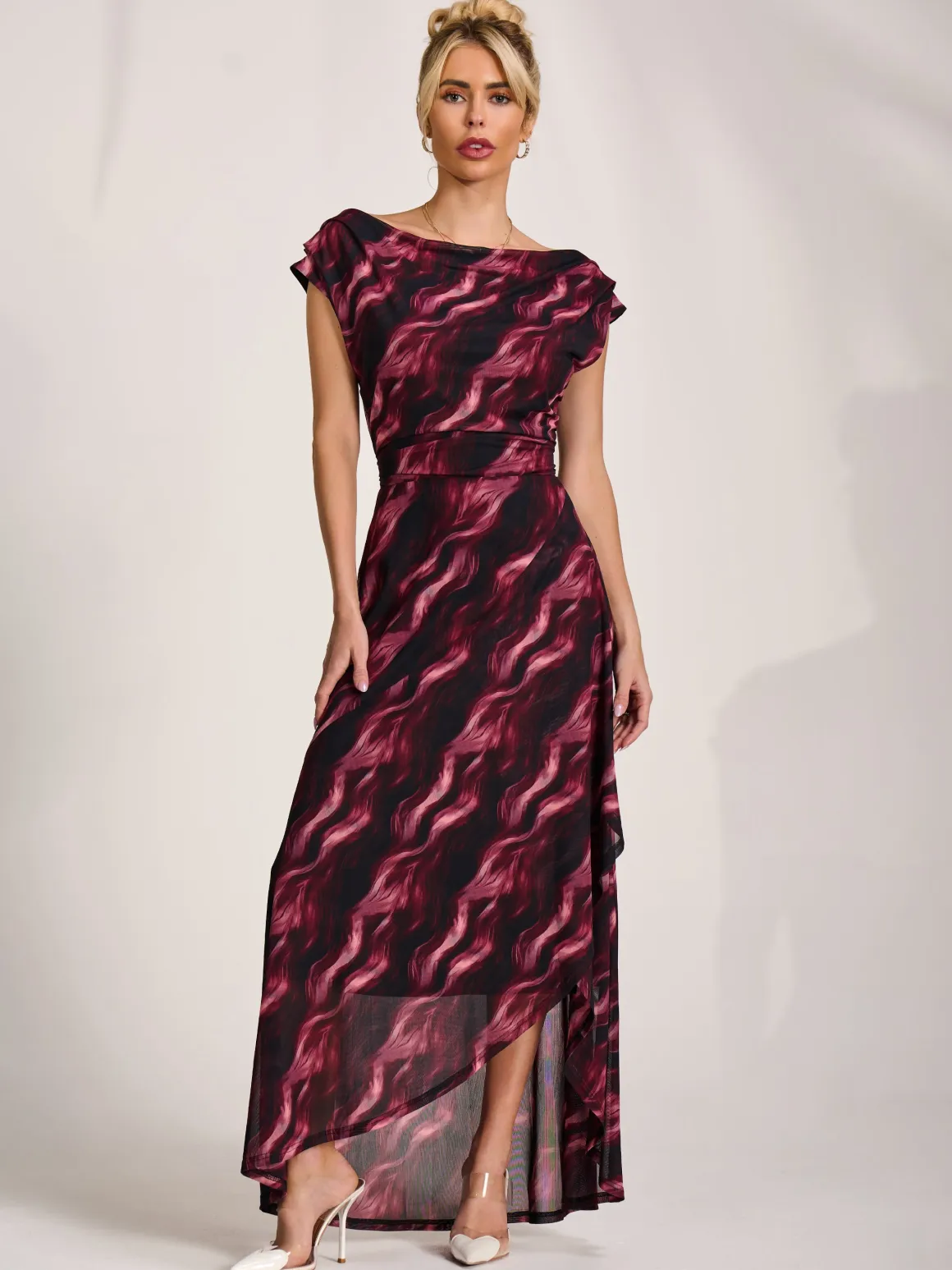 Asymmetric Draped Mesh Maxi Dress, Pink Abstract
