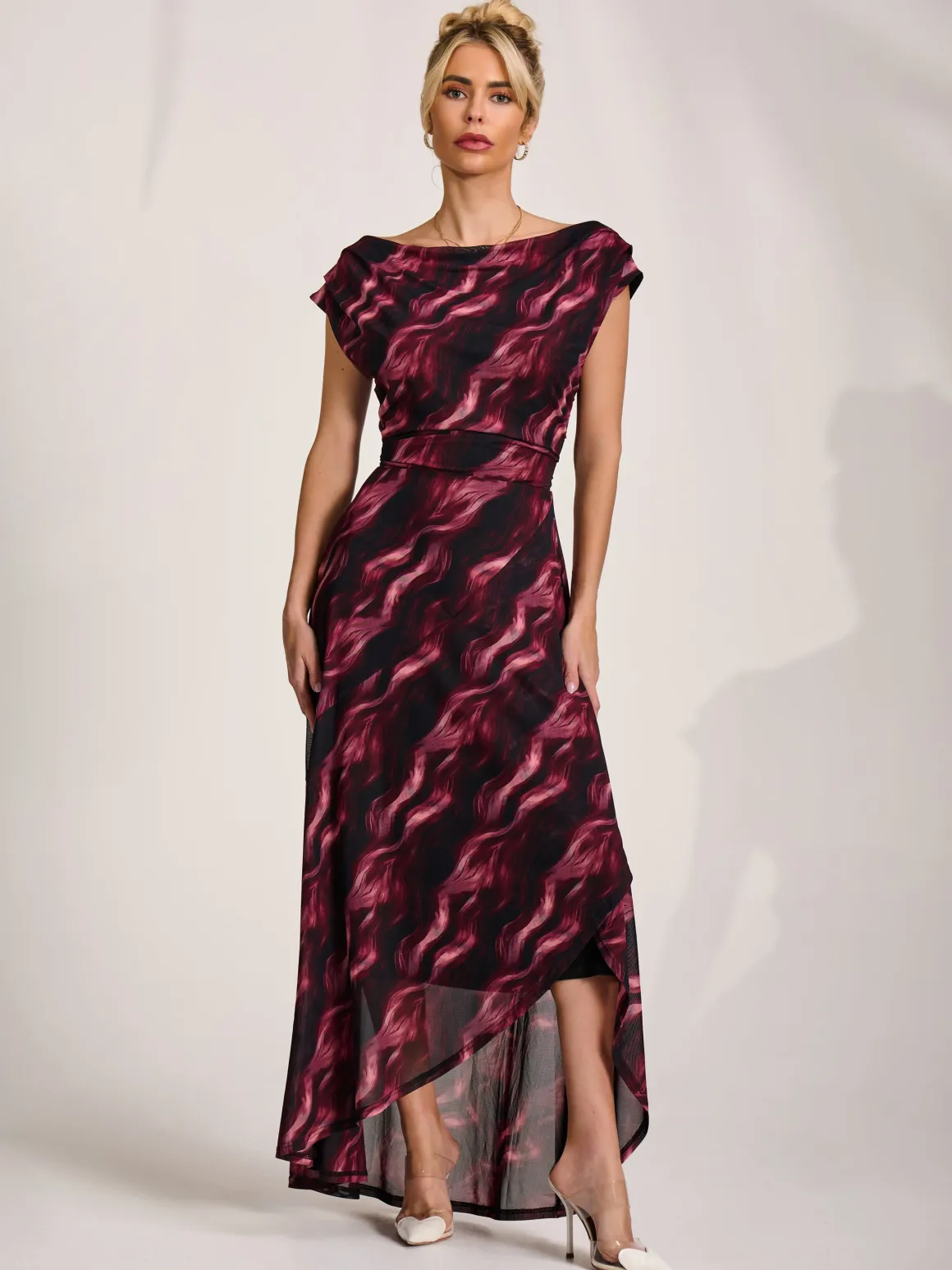 Asymmetric Draped Mesh Maxi Dress, Pink Abstract