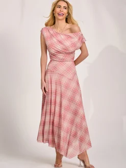 Asymmetric Draped Mesh Maxi Dress, Pink Check