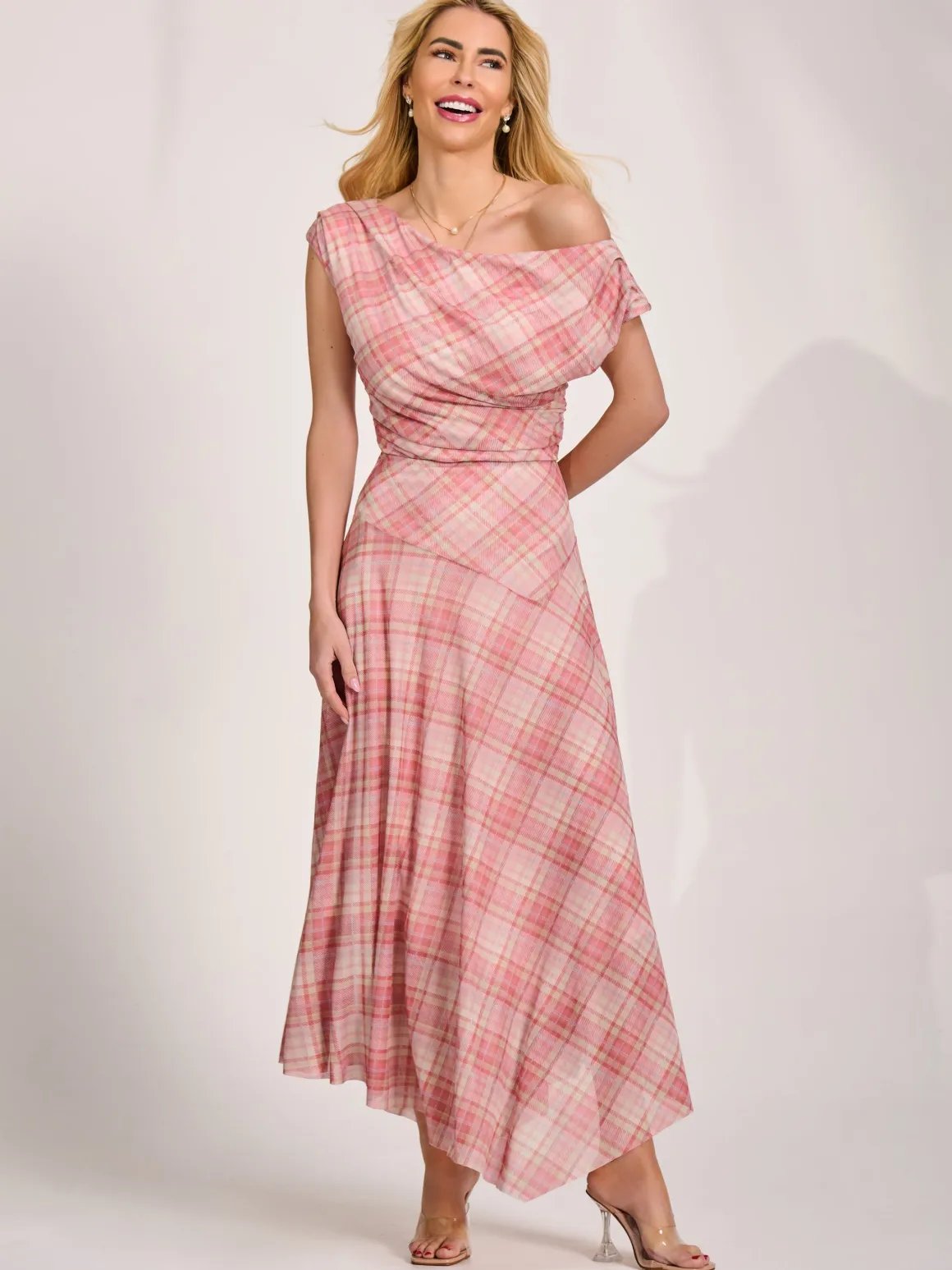 Asymmetric Draped Mesh Maxi Dress, Pink Check