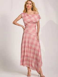 Asymmetric Draped Mesh Maxi Dress, Pink Check