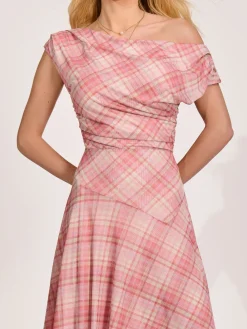 Asymmetric Draped Mesh Maxi Dress, Pink Check
