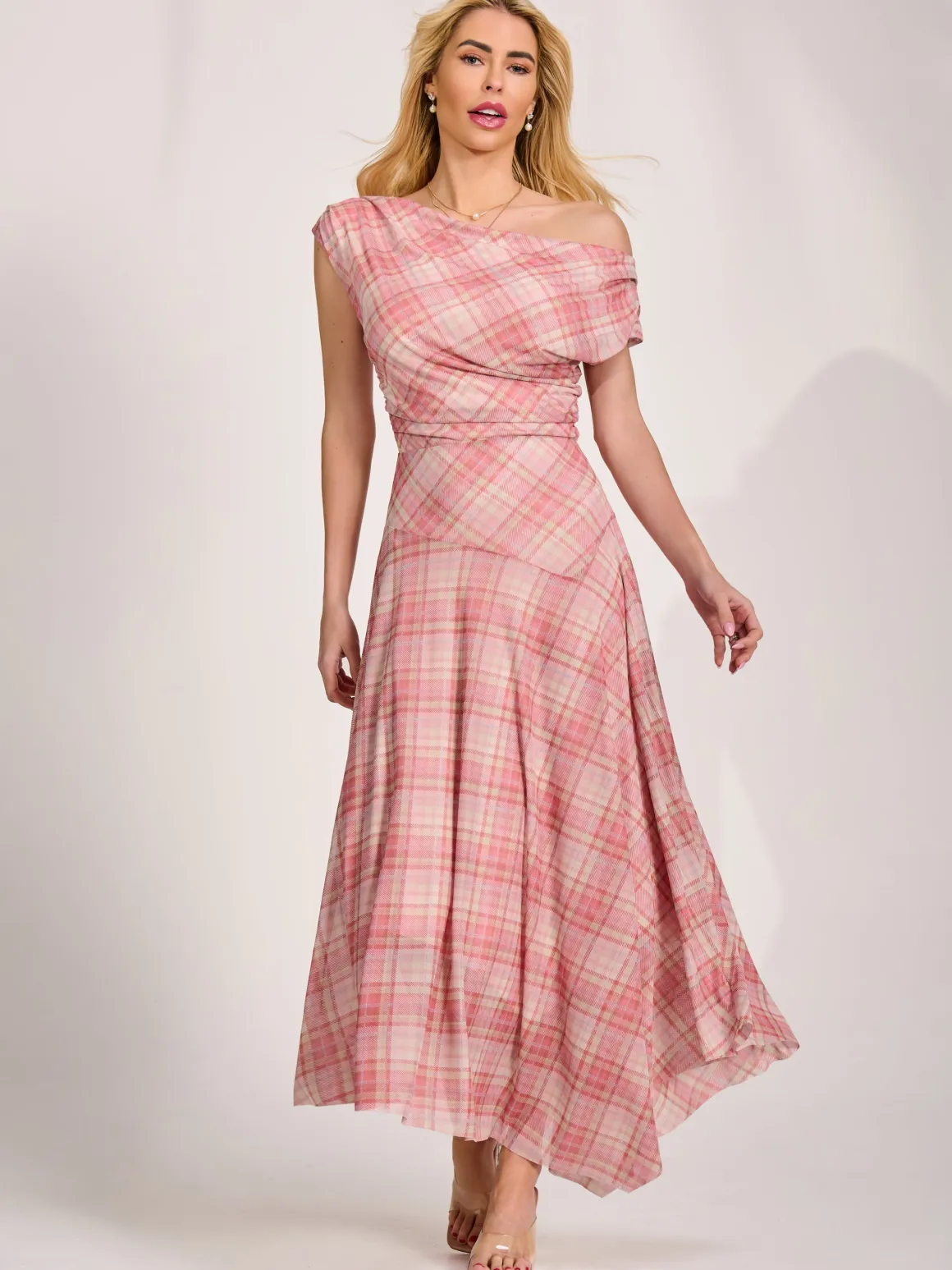 Asymmetric Draped Mesh Maxi Dress, Pink Check