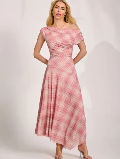 Asymmetric Draped Mesh Maxi Dress, Pink Check