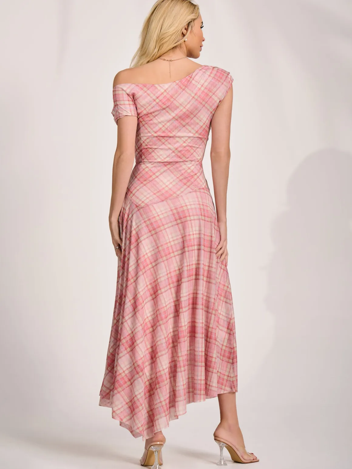 Asymmetric Draped Mesh Maxi Dress, Pink Check